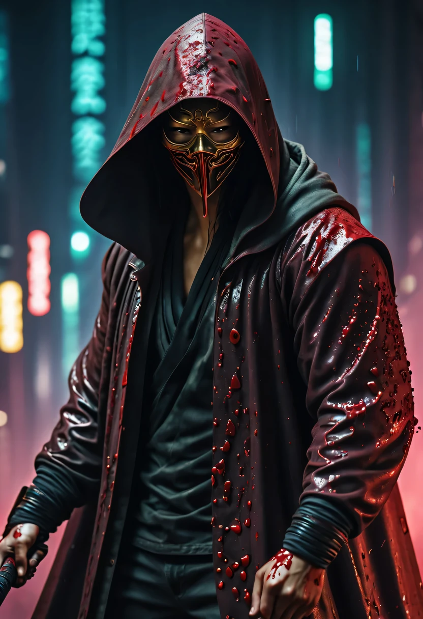 sh4g0d style cyberpunk warrior，(cape mask:1.2),(Strong dynamic stance:1.5)，(struggle:1.3)，(blood spatter)，Strong，His face is very determined， 8K, Ultra-detailed, precise, best quality