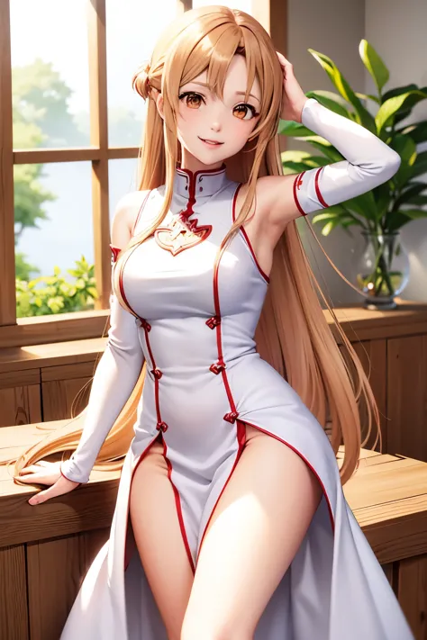 Asuna,sonrisa ligera,sexy,espada, sosteniendo arma, vestido blanco, Armadura, pelo flotante, falda roja, holding espada, brazo e...