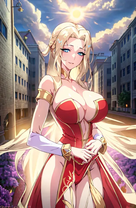 Lian, long white hair, single hair bun, hair stick,bangs,blue eyes, solo, smiling, standing, upper body, hips, bare shoulders,purple thighhighs,red dress, gold jewelry,armor,gloves,circlet, cleavage, red and gold royal castle, gigantic breasts, (best quali...