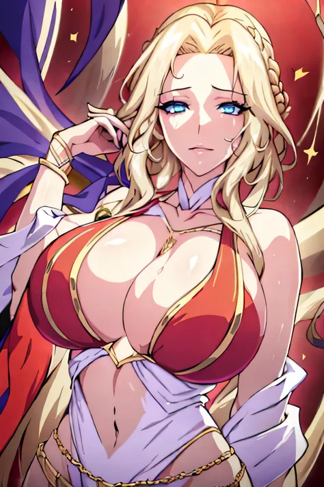Lian, long white hair, single hair bun, hair stick,bangs,blue eyes, solo, smiling, standing, upper body, hips, bare shoulders,purple thighhighs,red dress, gold jewelry,armor,gloves,circlet, cleavage, red and gold royal castle, gigantic breasts, (best quali...