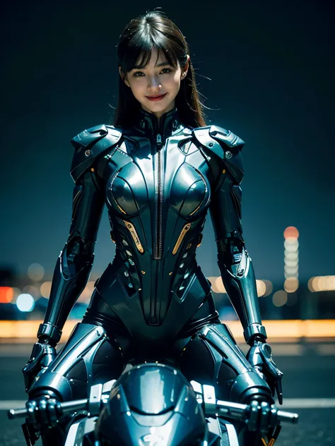 ((best quality)), ((masterpiece)), ((perfect face))、（(detailed motorcycle)）、Detailed and clear photos、((Cyborg Woman))、Blue long...