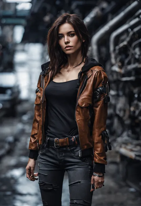 A young woman with a regular figure, cyberpunk beauty in skinny jeans, dark brown shoulder length hair, industrial city
