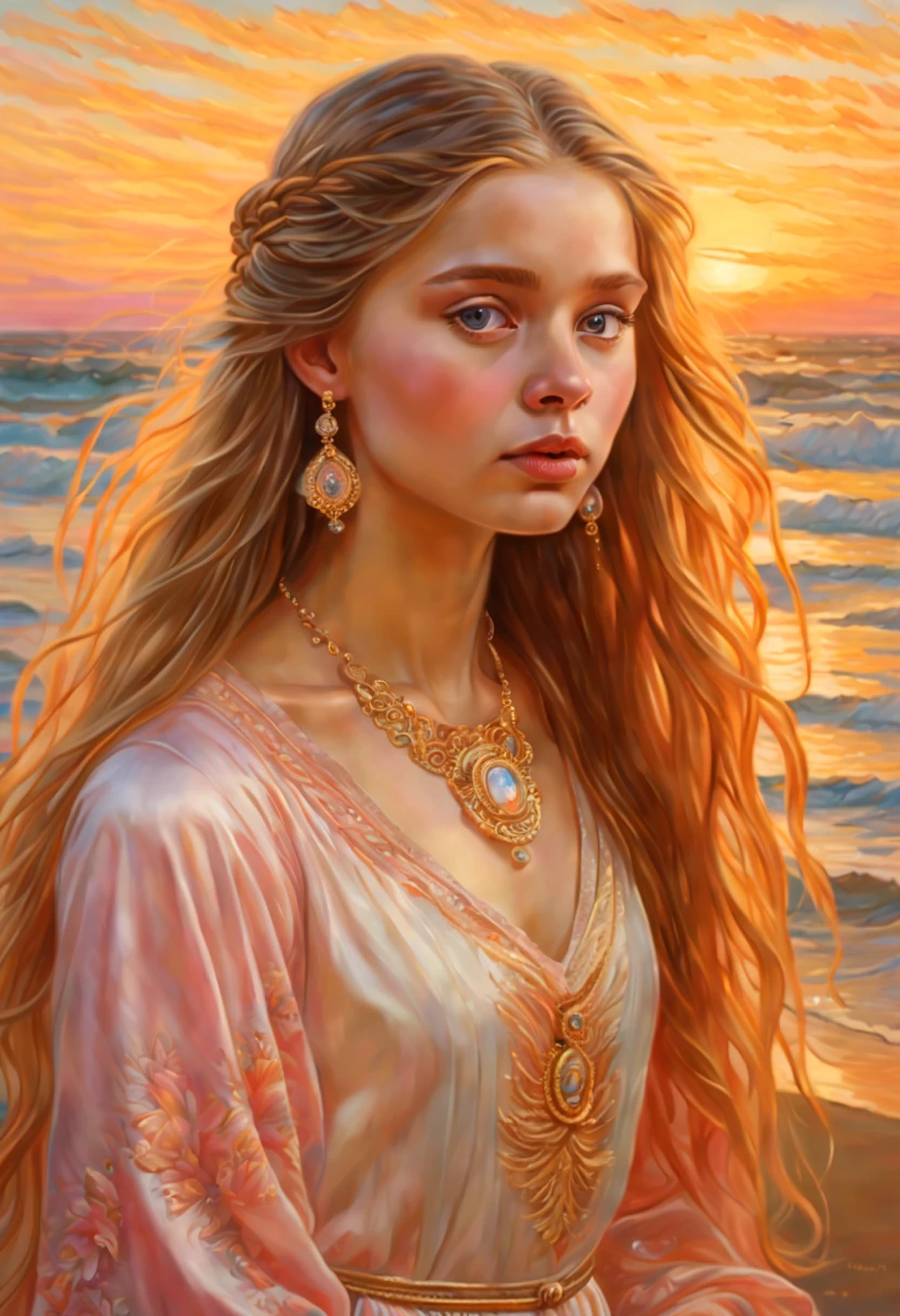 1 girl, calm facial expression, mesmerizing eyes, Straight long hair, flowy dress, Balanced posture, porcelain skin, subtle blush, crystal pendant BREAK golden hour (Victor-Nizovtsev&#39;s style), (lush oil painting), difficult, unusual detailing,
((Best quality)), ((Masterpiece)) , ((Realistic)), 8K, expressionism:1.2