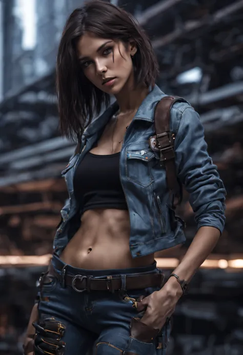 A young woman with a regular figure, cyberpunk beauty in skinny jeans, dark brown shoulder length hair, industrial city