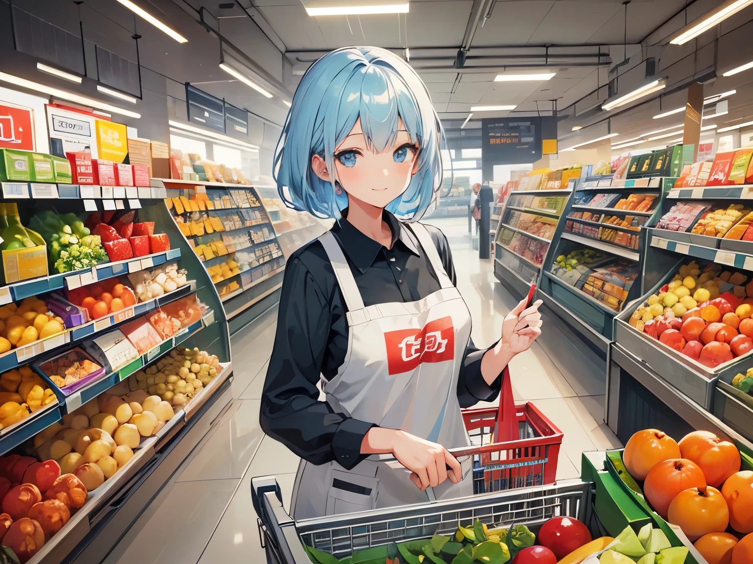 (best quality,4k,highres,ultra-detailed,realistic:1.2),middle aged woman,light blue hair,cashier at the supermarket,beautiful detailed eyes,beautiful detailed lips,wearing a supermarket uniform,friendly smile,standing behind the counter,organized and clean supermarket,shiny cash register,scanning items with precision,helpful and courteous to customers,efficient and quick service,colorful fruits and vegetables neatly stacked on shelves,various grocery products displayed,mild background music,soft lighting,comfortable and welcoming atmosphere,happy customers leaving with groceries,shopping bags in their hands,vivid colors,realistic textures,professional portrait style