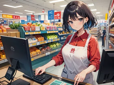 middle aged woman working as cashier in the supermarket