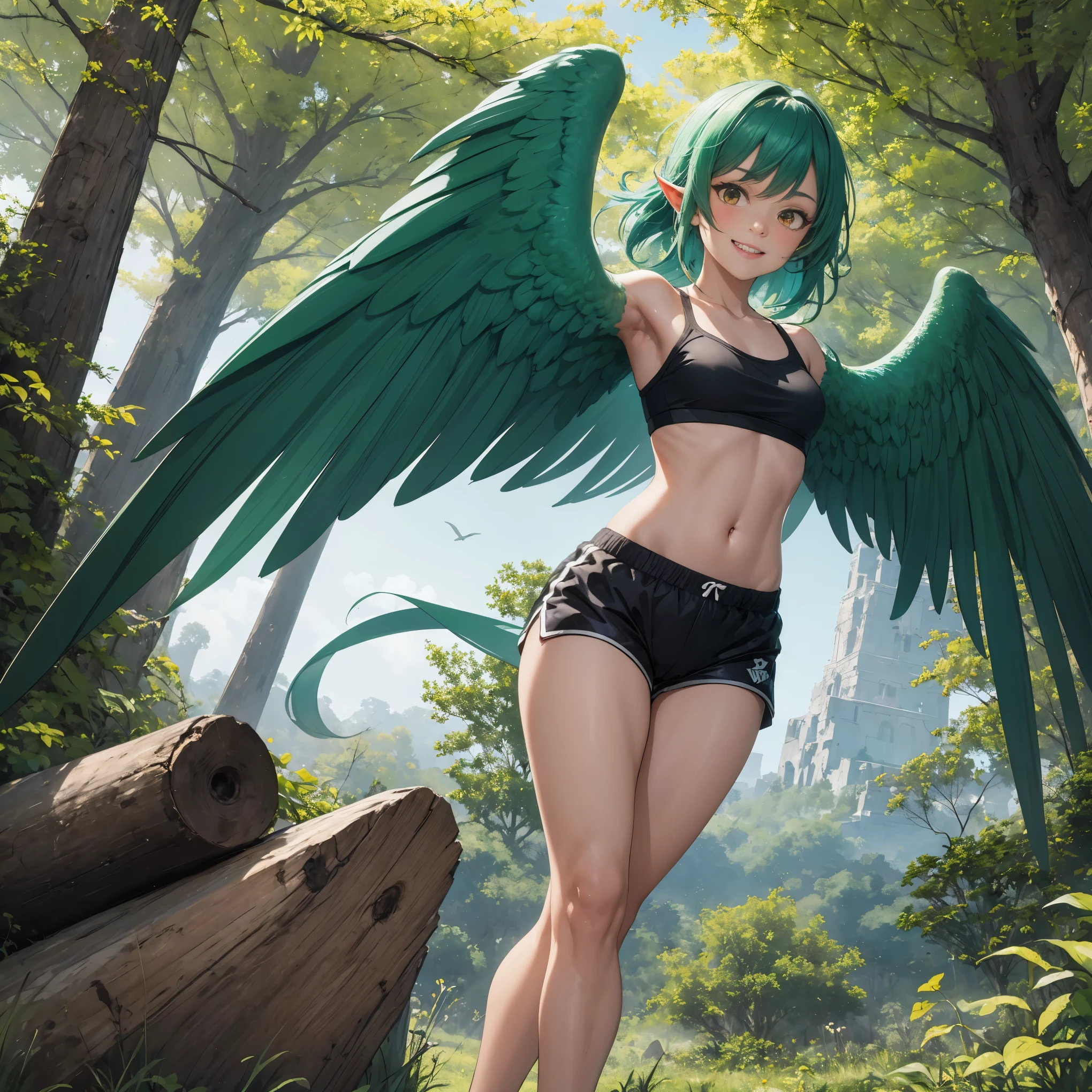 1 female, solo female, harpy, emerald green wings, beautiful detailed wings, bird legs, sharp black talons, tan skin, tomboyish appearance, slim body,  body height, shoulder length green hair, bright yellow eyes, masterpiece, excellent details,sports shorts, flying over a forest, happy expression on face, very detailed,silky emerald green hair