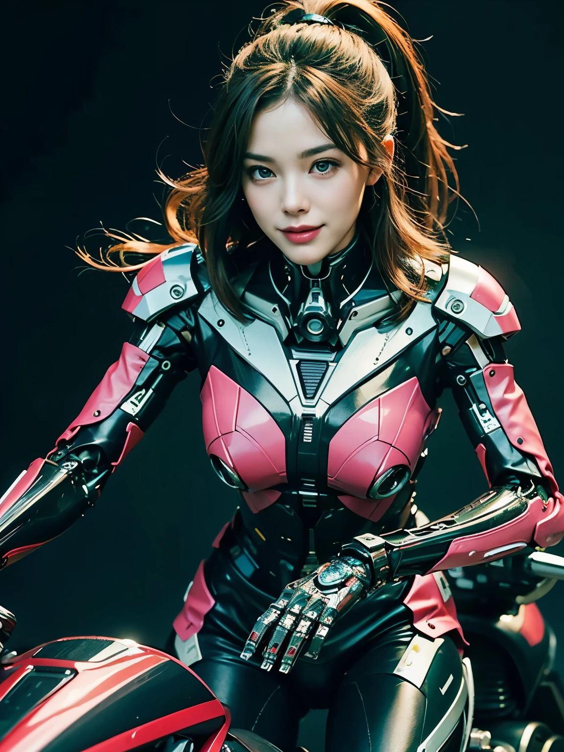 ((best quality)), ((masterpiece)), ((perfect face))、（(detailed motorcycle)）、Detailed and clear photos、((Cyborg Woman))、Pink long-sleeved riding jacket and leather pants))、((riding a motorcycle))、((cybernetics))、slender body、((Woman with mechanical body))、communication headset、(((steel fingers)))、(((The body is mechanized)))、full body shot、The background is a futuristic city、smile、Landscape