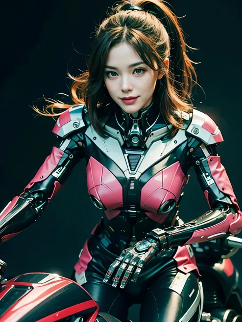 ((best quality)), ((masterpiece)), ((perfect face))、（(detailed motorcycle)）、Detailed and clear photos、((Cyborg Woman))、Pink long...