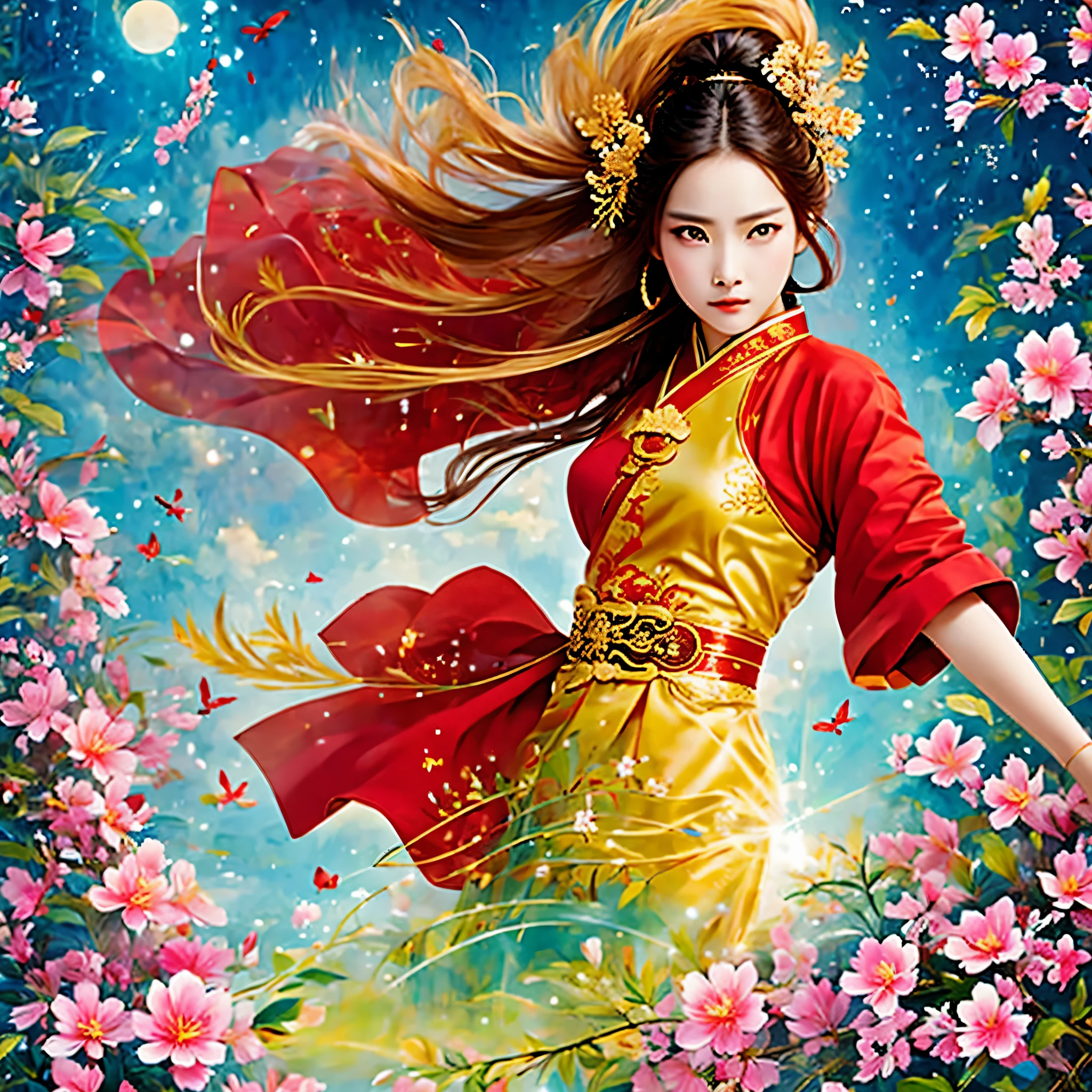 beste Qualität, Meisterwerk, Hohe Auflösung, wuxia 1girl, Chinesisches Kleid, super schönes Gesicht, Superschöne Augen, supertolle Haare, Kung-Fu-Kampf