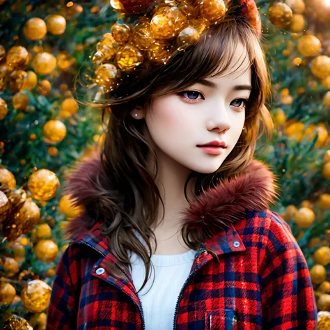 1 girl, plaid shirt, fur coat, Kremlin background, outdoor, honeycomb,best quality, ultra high resolution, lifelike,