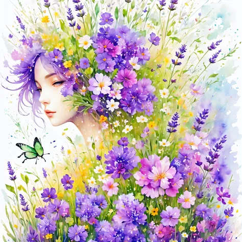 (masterpiece, best quality:1.2), Watercolor flower paintings present a delicate and refreshing visual effect. Wildflowers and la...