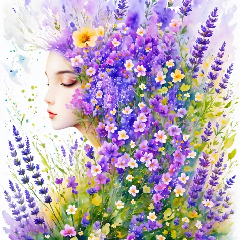 (masterpiece, best quality:1.2), Watercolor flower paintings present a delicate and refreshing visual effect. Wildflowers and la...