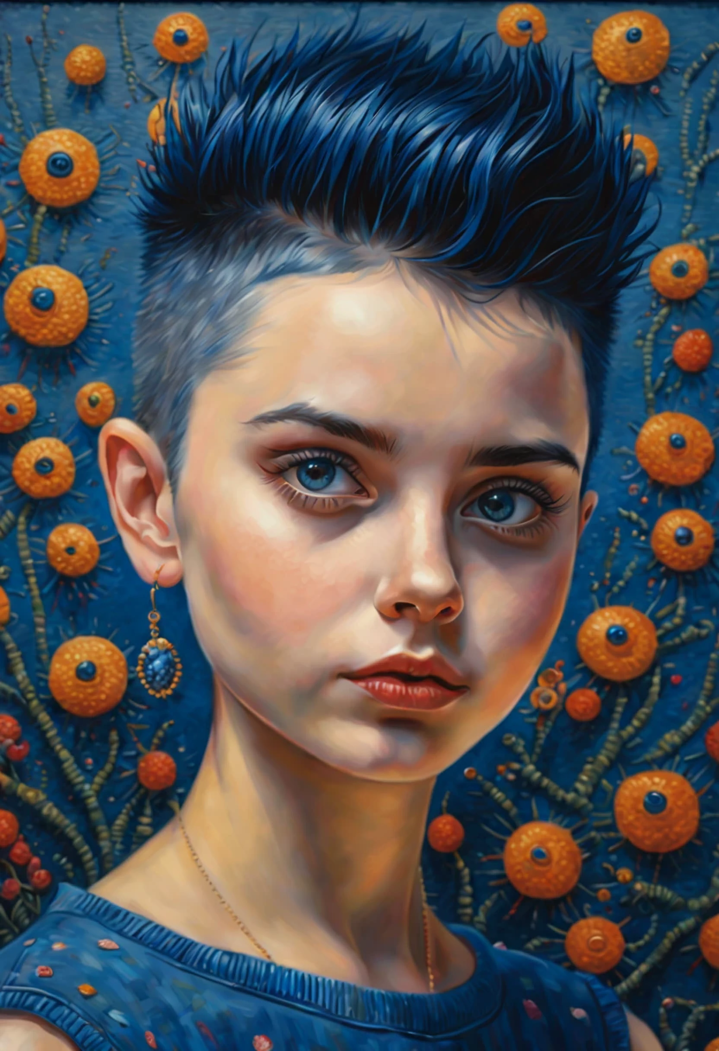 1 girl, ((I&#39;m looking at the viewer)), dark blue hair, Black eyes, very short hair, spiky hair, , t-shirt, high waist jeans, naive art (Victor-Nizovtsev&#39;s style), ((stunning oil painting)), difficult, unusual detailing, ((Best quality)), ((Masterpiece)) , ((Realistic)), 8K, expressionism:1.2