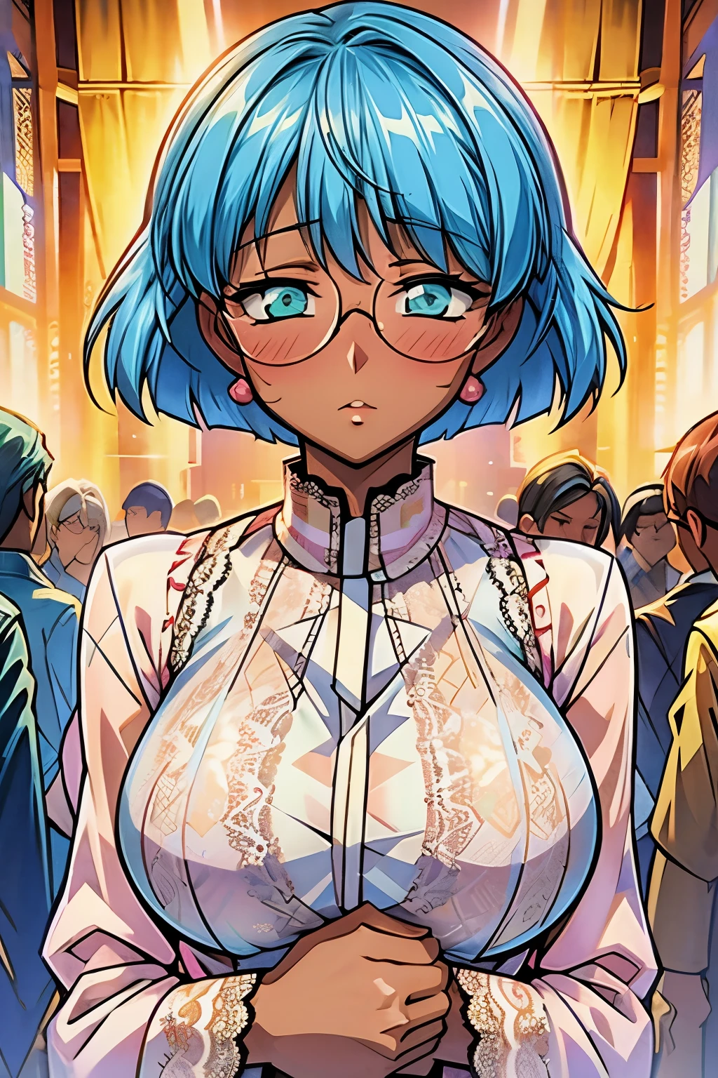 (masterpiece, best quality:1.2),Bobby Lou Lowal,1 girl, alone,Exquisite hair color，short hair，( Wearing transparent lace pajamas:1.2)，too big,glowing skin，dark skin，wear glasses（（（shy expression）））blush，pastel tones，超big breasts,big breasts，large breast size，big breasts, Breasts are very，pink lips