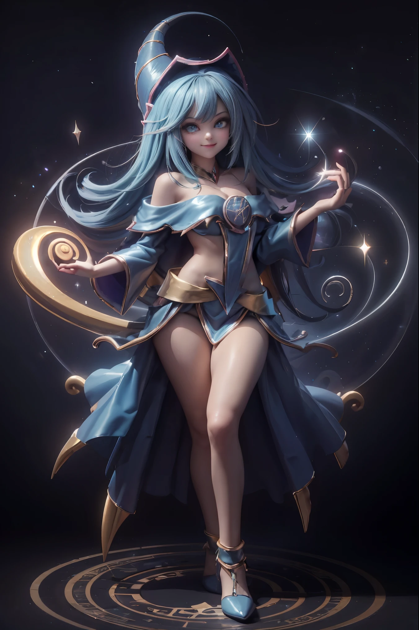 Dark magician gils in the air, she comes out of a magic circle of heart. Magic hearts background. smile on his lips. blue eyes. Golden hair. pose sensual. Levitating on one foot. has heels. Wear blue and gold heels 