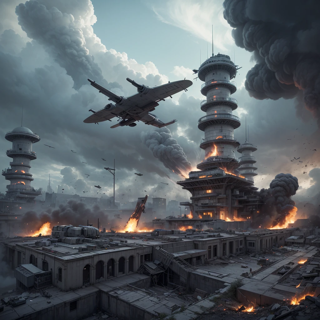 unreal engine:1.4,UHD,Best quality:1.4, fotorrealist:1.4, Masterpiece:1.8, unearthly, artillery three-barrel towers of the fortress of the future, an impregnable citadel covers a military base, massive armored walls, narrow loopholes, massive gate, Science fiction, powerful nuclear strikes, towers are falling, Nuclear mushroom explosions in the background, Battlefield, the walls are burning, fire rays from the sky, anti-aircraft guns repulse an air attack, gloomy atmosphere, post apocalypse,