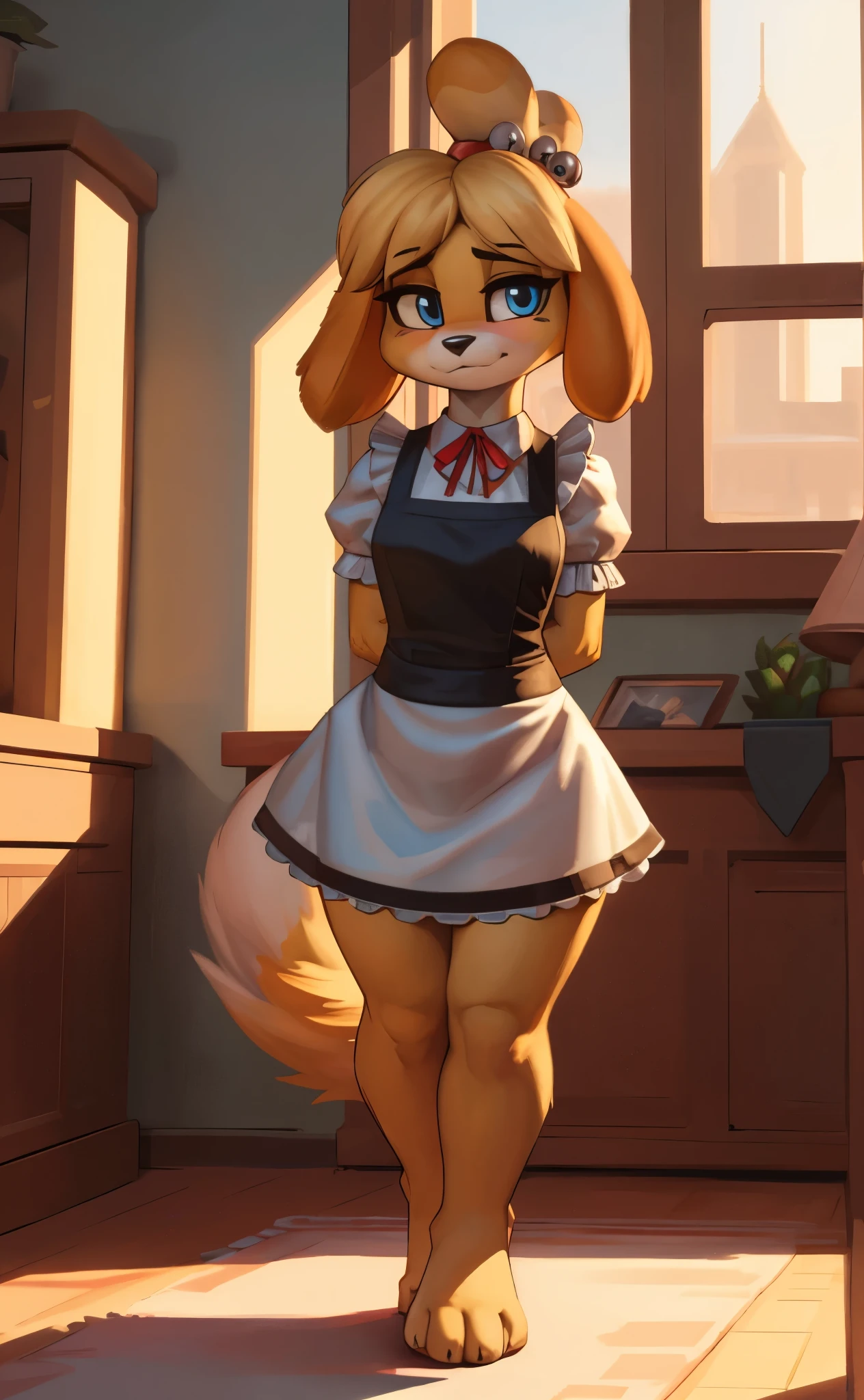 [isaCrossing], [Isabelle], [Animal Crossing], [Uploaded to e621.net; (Pixelsketcher), (wamudraws)], ((masterpiece)), ((HD)), ((high res)), ((solo portrait)), ((front view)), ((ass focus)), ((feet visible)), ((furry; anthro)), ((detailed fur)), ((detailed shading)), ((beautiful render art)), {anthro; (slim figure), yellow fur, black nose, (cute blue eyes), (blonde hair), (bells in hair), topknot, fluffy tail, (curvy hips), (beautiful legs), (beautiful feet), (detailed toes), (blushing), (cute smirk)}, (nervous expression)}, {(red ribbon in hair), (maid dress)}, {(standing), (nervous demeanor), (arms behind back), looking at viewer)}, [background; (bedroom), (window), (blue sky), (sun rays), (ambient lighting)]
