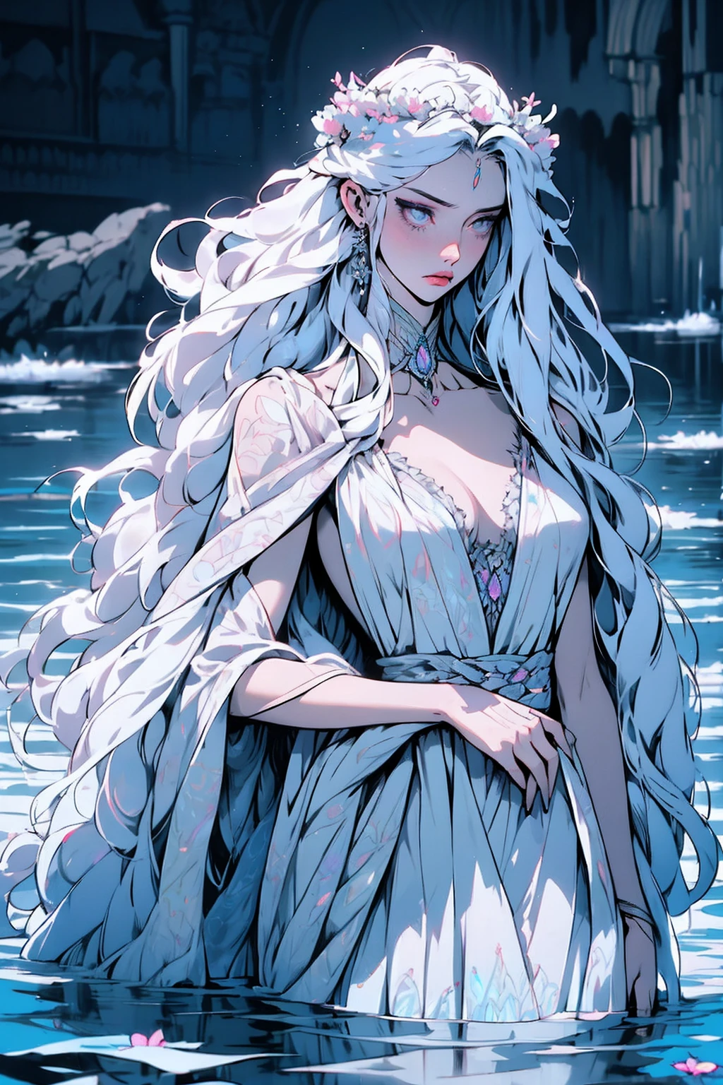 hyper-realistic  of a mysterious woman with flowing silver hair, piercing opal eyes, and a delicate floral crown, walking on the water, whole body