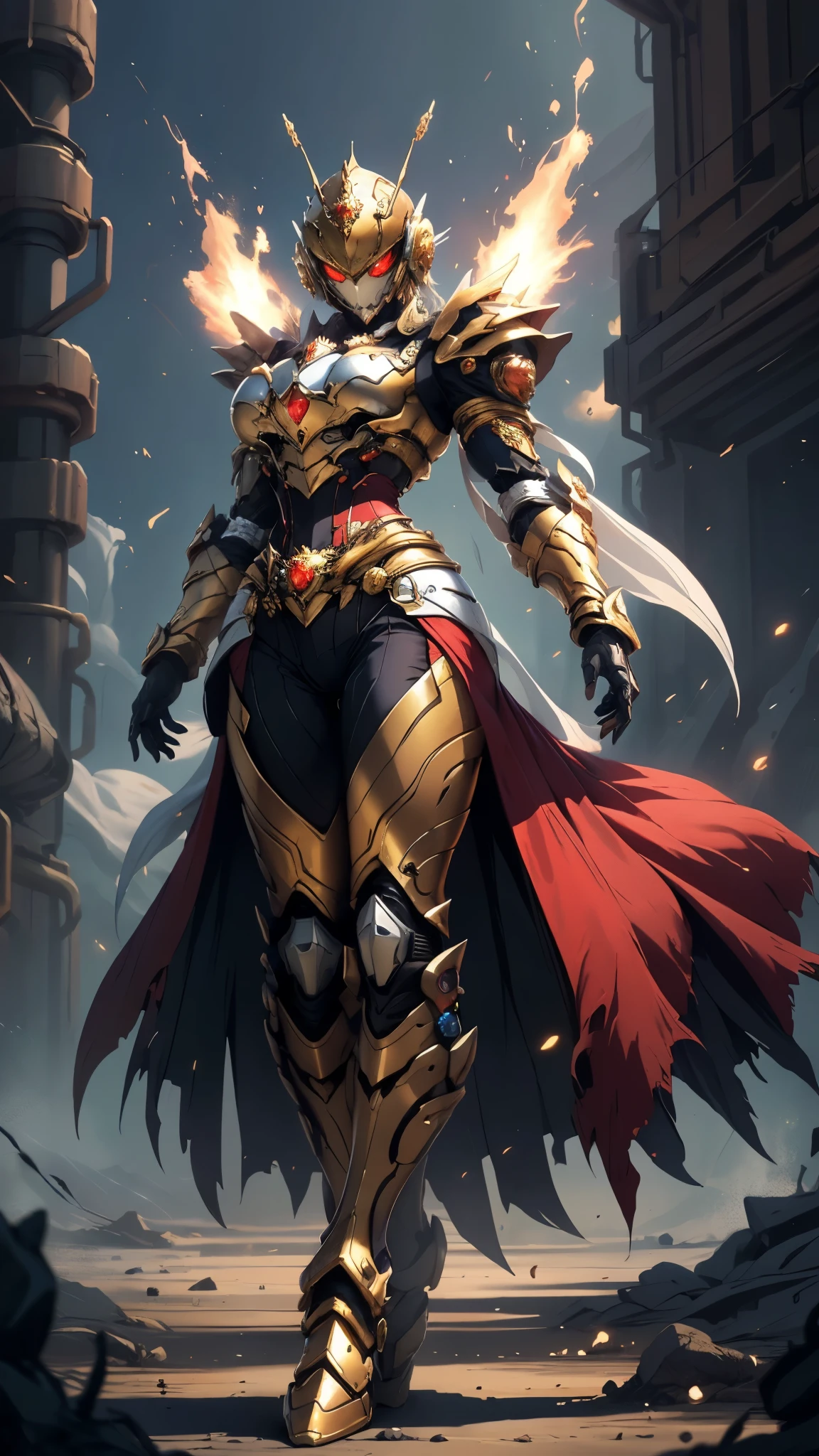 A woman adorned in fantasy-style full-body armor, a crown-concept fully enclosed helmet that unveils only her eyes, a composite layered chest plate, fully encompassing shoulder and hand guards, a lightweight waist armor, form-fitting shin guards, the overall design is heavy-duty yet flexible, ((the armor gleams with a golden glow, complemented by red and blue accents)), exhibiting a noble aura, she floats above a fantasy-surreal high-tech city, this character embodies a finely crafted fantasy-surreal style armored hero in anime style, exquisite and mature manga art style, (mixture of Queen bee and Spider concept Armor, plasma, blood), ((Element, energy, elegant, goddess, femminine:1.5)), metallic, high definition, best quality, highres, ultra-detailed, ultra-fine painting, extremely delicate, professional, anatomically correct, symmetrical face, extremely detailed eyes and face, high quality eyes, creativity, RAW photo, UHD, 32k, Natural light, cinematic lighting, masterpiece-anatomy-perfect, masterpiece:1.5