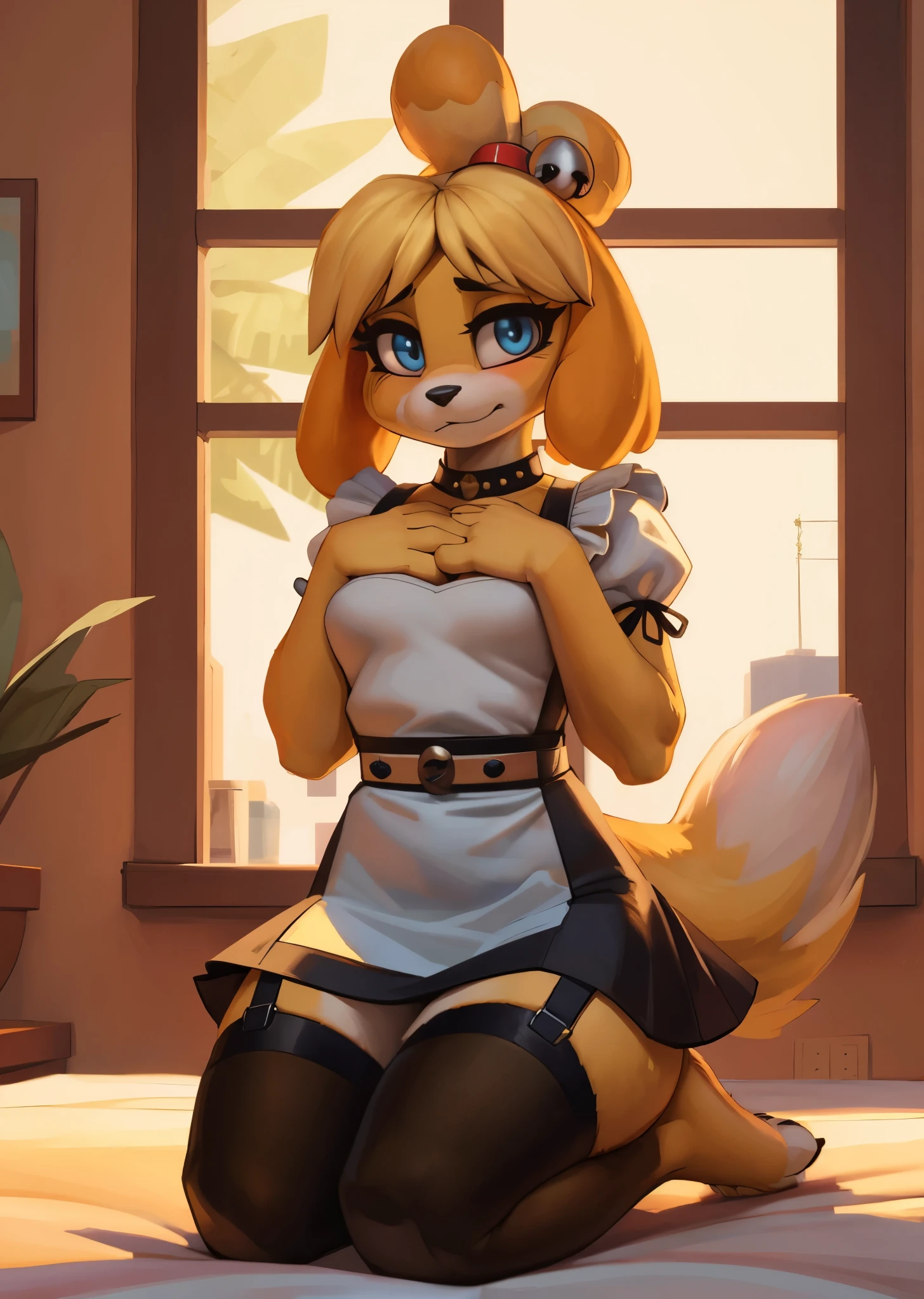 [isaCrossing], [Isabelle], [Animal Crossing], [Uploaded to e621.net; (Pixelsketcher), (wamudraws)], ((masterpiece)), ((HD)), ((high res)), ((solo portrait)), ((front view)), ((ass focus)), ((feet visible)), ((furry; anthro)), ((detailed fur)), ((detailed shading)), ((beautiful render art)), {anthro; (slim figure), yellow fur, black nose, (cute blue eyes), (blonde hair), (bells in hair), topknot, fluffy tail, (sharp black claws), (curvy hips), (beautiful legs), (beautiful feet), (blushing), (cute smirk)}, (nervous expression)}, {(red ribbon in hair), (maid dress), (black transparent thighhighs), (garterbelt straps)}, {(on bed), (kneeling), (hands on chest), (looking at viewer)}, [background; (bedroom), (window), (blue sky), (sun rays), (ambient lighting)]