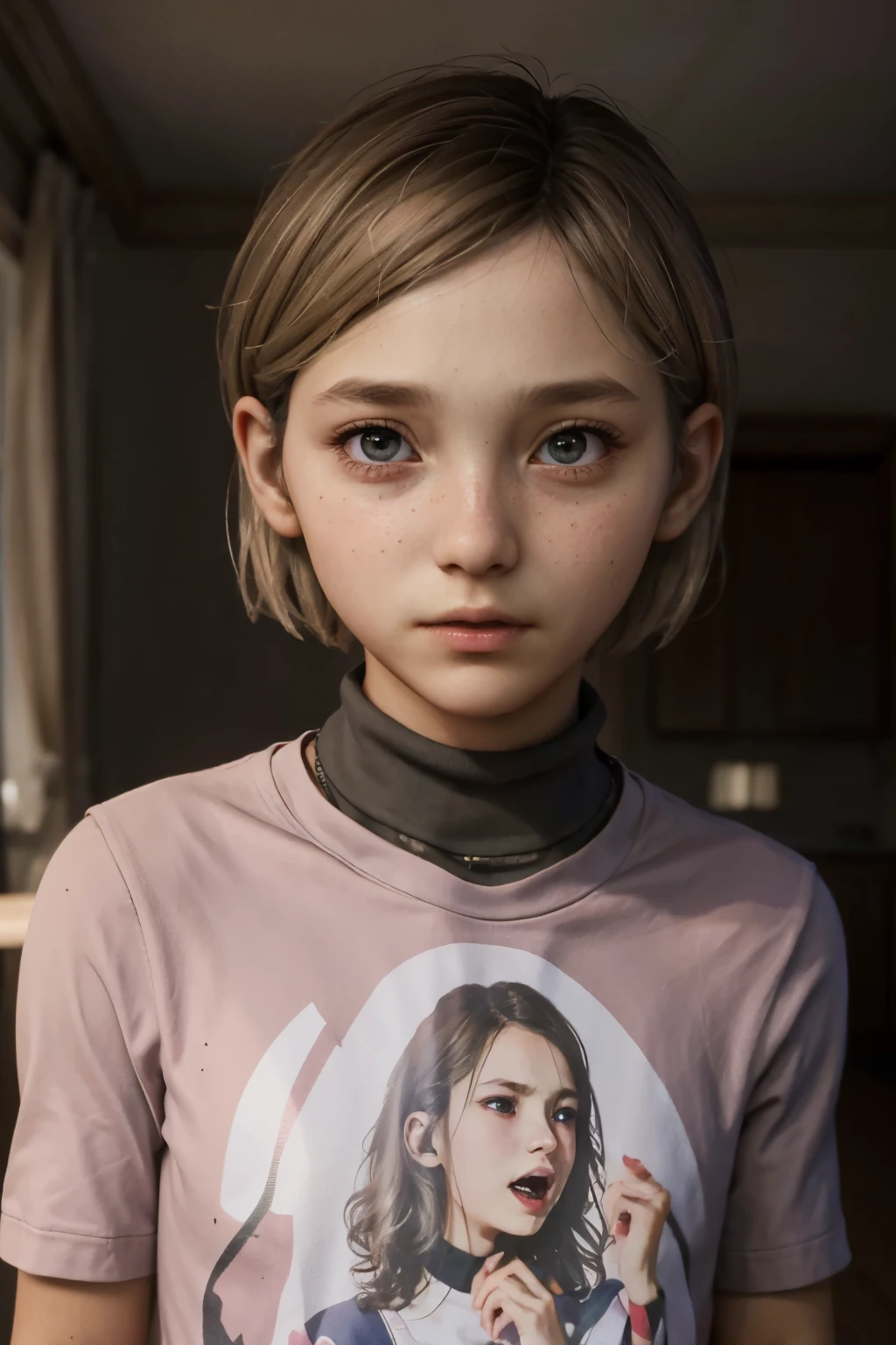 A stunning, intricate full color portrait , 12 year old girl, wearing pink turtleneck or t-shirt, epic character composition, alessio albi, nina masic, sharp focus, natural lighting, subsurface dispersion, f2, 35mm,