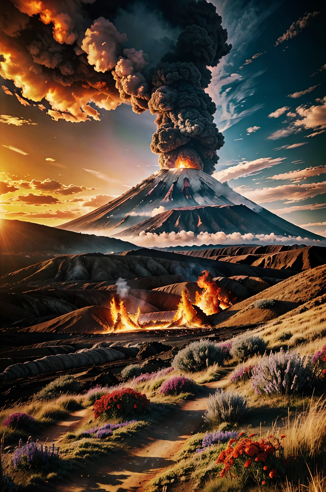 HDR, cinematic, realistic photo, realistic, masterpiece, high detail, real grey stoned ground, white clouds, vibrant sky, dull sun, bursting volcano, flaming magma, red fire, tall grass, burned flowers