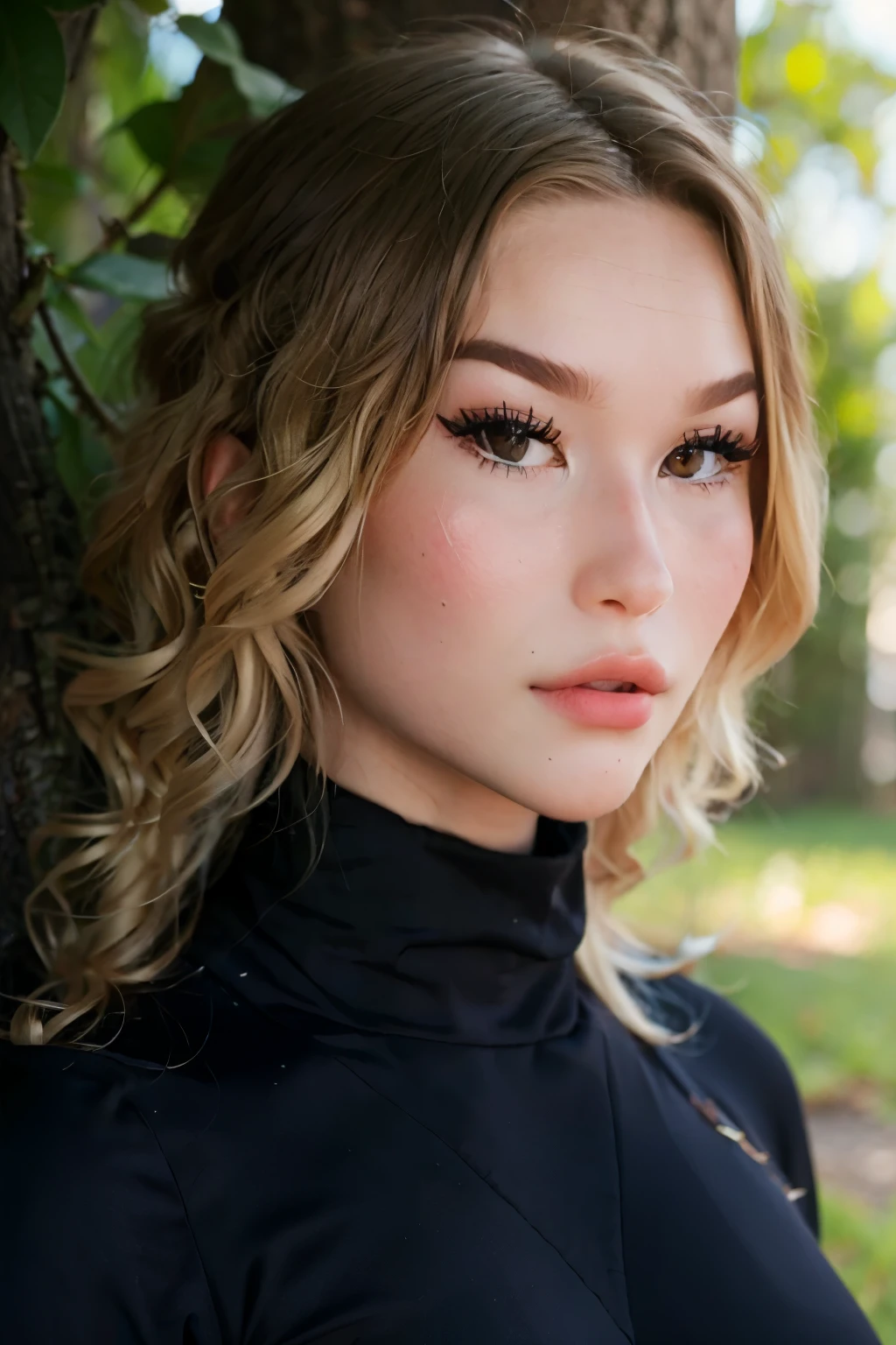 A close up of a woman with long hair and a black top - SeaArt AI