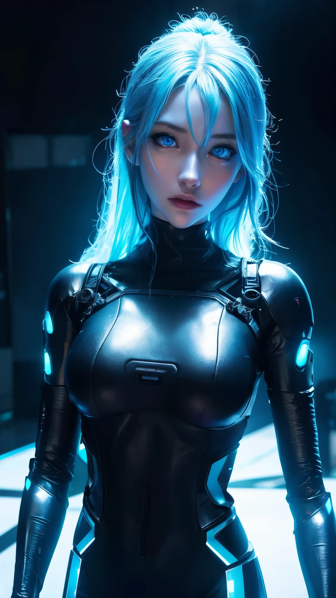 1fille, yeux bleus, robot body, Beaux seins, cyberpunk, cyborg, embrasé, embrasé eyes, réaliste, articulations de robots, la science-fiction, Dans une ville futuriste, haute définition, 4k