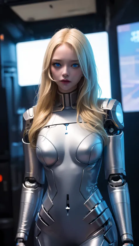 1girl, blue eyes, blond hair, bodysuit robot cyborg, beautiful breasts, cyberpunk, glowing, glowing eyes, realist, robot joints, science fiction, in futuristic city, high definiton, 4k