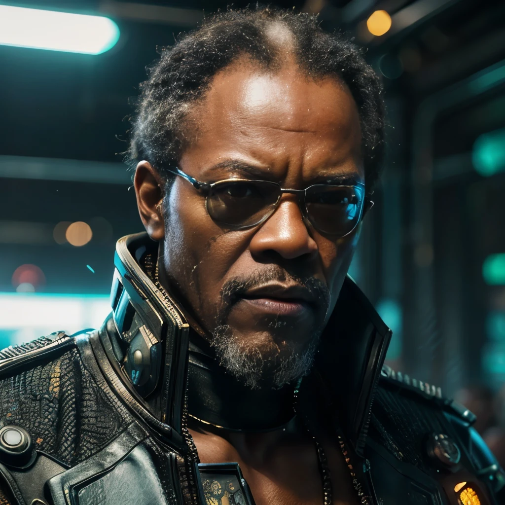 ((masterpiece, highest quality, hires, amazing detail, 8k, best quality)), cinematic, portait, closeup shot of middle aged man / Samuel l jackson/, wearing highly damaged battlesuit, perfect facial hair, scars, cybernetic implants, mirrorshades, in the artstyle of shirow masamune, ghost in the shell, gantz, gritty, cyberpunk background, dynamic colours