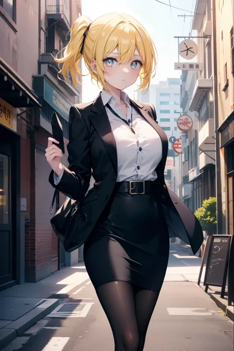 Area Yase, catalyst, yellow hair, blue eyes, big breasts , OL, end, black suit jacket, collared jacket, white dress shirt, colla...
