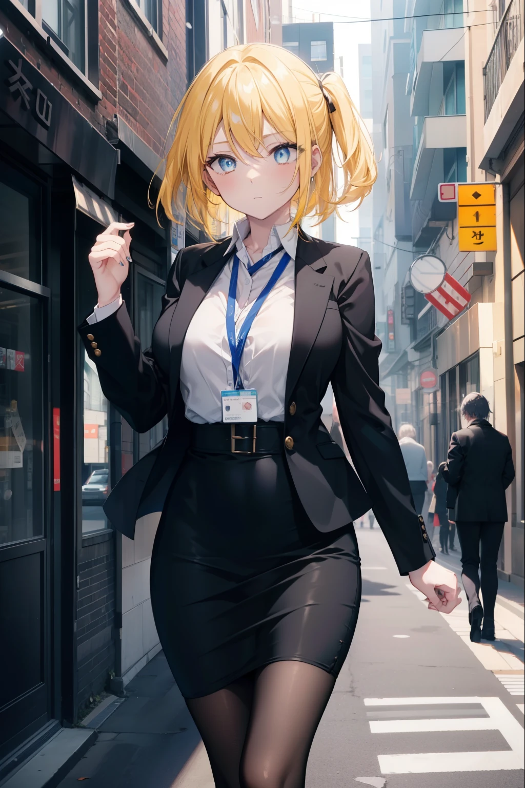 Area Yase, catalyst, yellow hair, Blue eyes, big breasts , OL, end, black suit jacket, collared jacket, white dress shirt, collared shirt, Neckline, button, strap, ID card on neck, black pencil skirt, black pantyhose, stiletto heels,In town,building street,morning,Morning Day,太陽の光
BREAK looking at viewer,
BREAK outdoors,  In town,building street,
BREAK (masterpiece:1.2), highest quality, High resolution, unity 8k wallpaper, (figure:0.8), (detailed and beautiful eyes:1.6), highly detailed face, perfect lighting, Very detailed CG, (perfect hands, perfect anatomy),