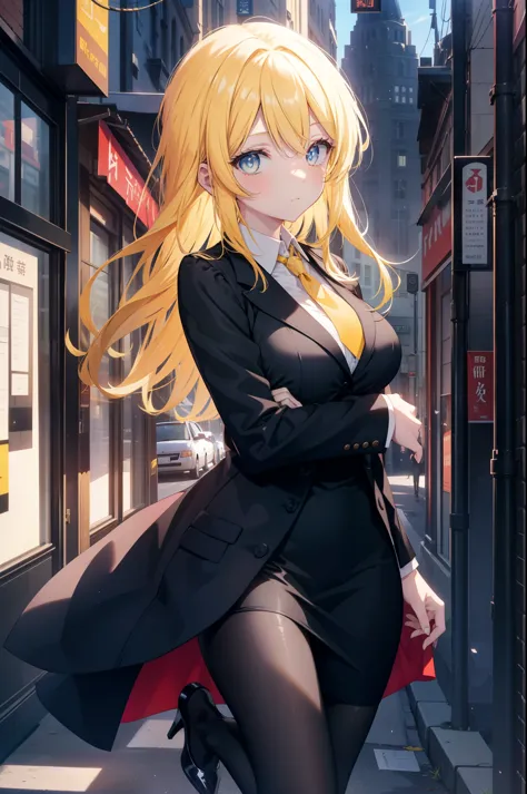 Area Yase, catalyst, yellow hair,long hair, blue eyes, big breasts , OL, end, black suit jacket, collared jacket, white dress sh...