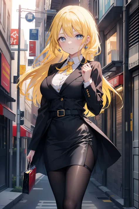 Area Yase, catalyst, yellow hair,long hair, blue eyes,smile, big breasts , OL, end, black suit jacket, collared jacket, white dr...