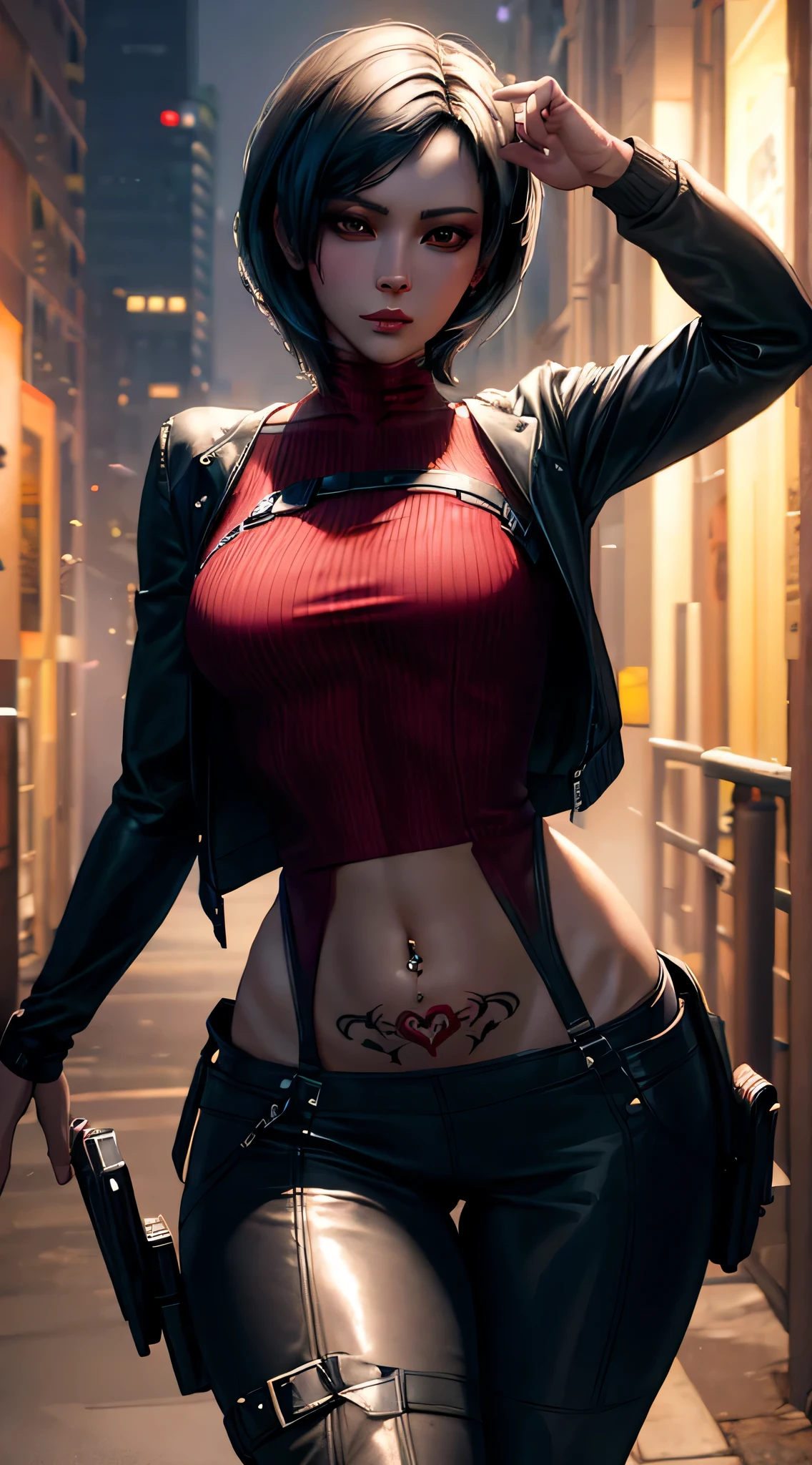 Ada Wong 穿着紧身连身衣, 细致的杰作, 实际的, 穿着网络女仆, 性感身材与性感腹部, 诱人的 modern dark city, 诱人的, 时尚女孩, 魅力十足, 详细的肚脐穿孔, 心脏子宫纹身, 高分辨率, 良好的照明, 超大夹克, 颈链