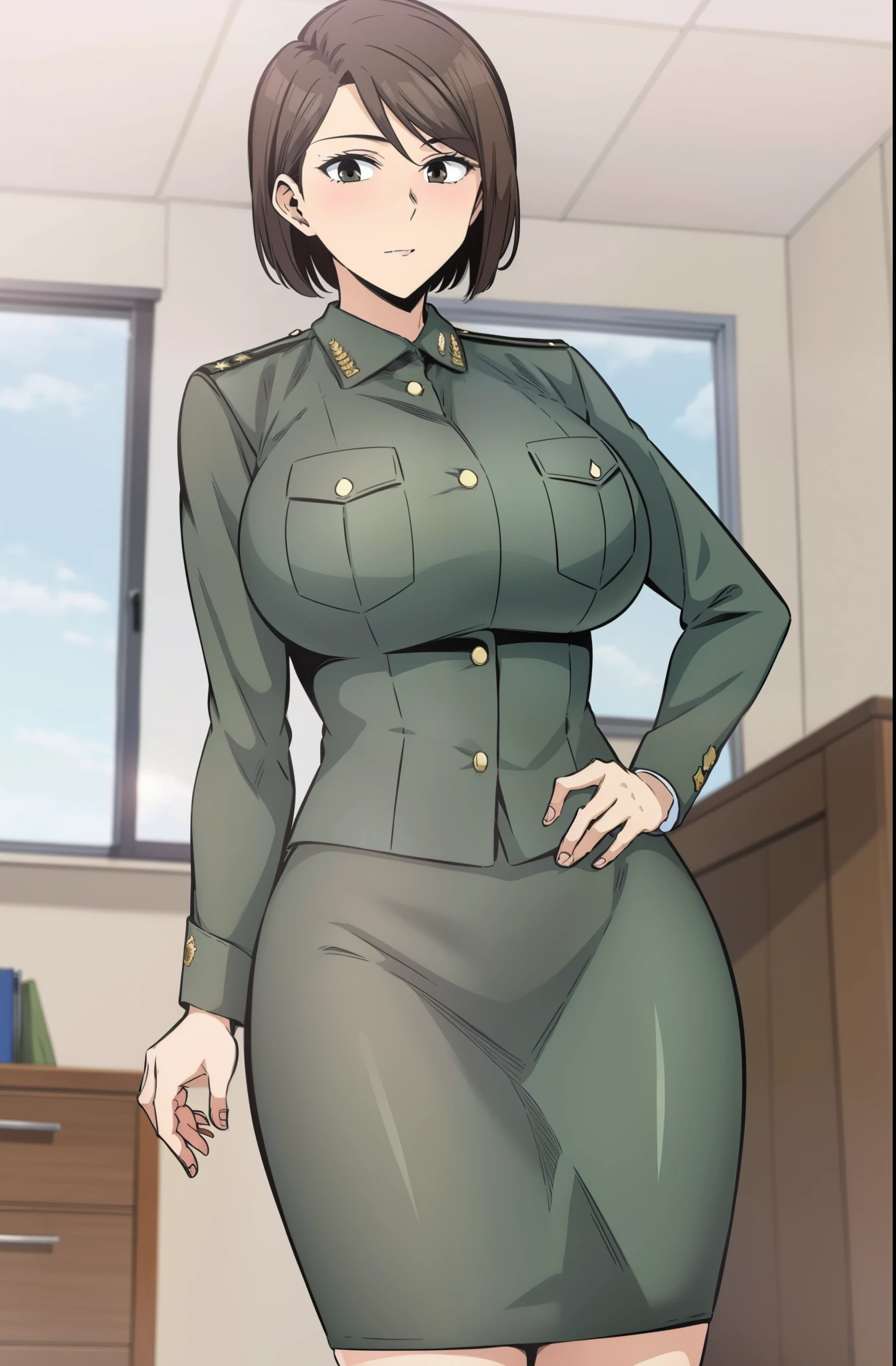 master piece, 1girl, solo, pencil skirt,, green skirt,  LOOKING AT VIEWER, WIDE HIPS, huge breasts, brown hair, long sleeves,  ,  brown eyes, standing, jacket, cowboy shot, pants, indoors, uniform, military, window, military uniform, pocket, SHORT HAIR, BROWN HAIR, GREY EYES, tight clothes, clock, breast  ,tights
