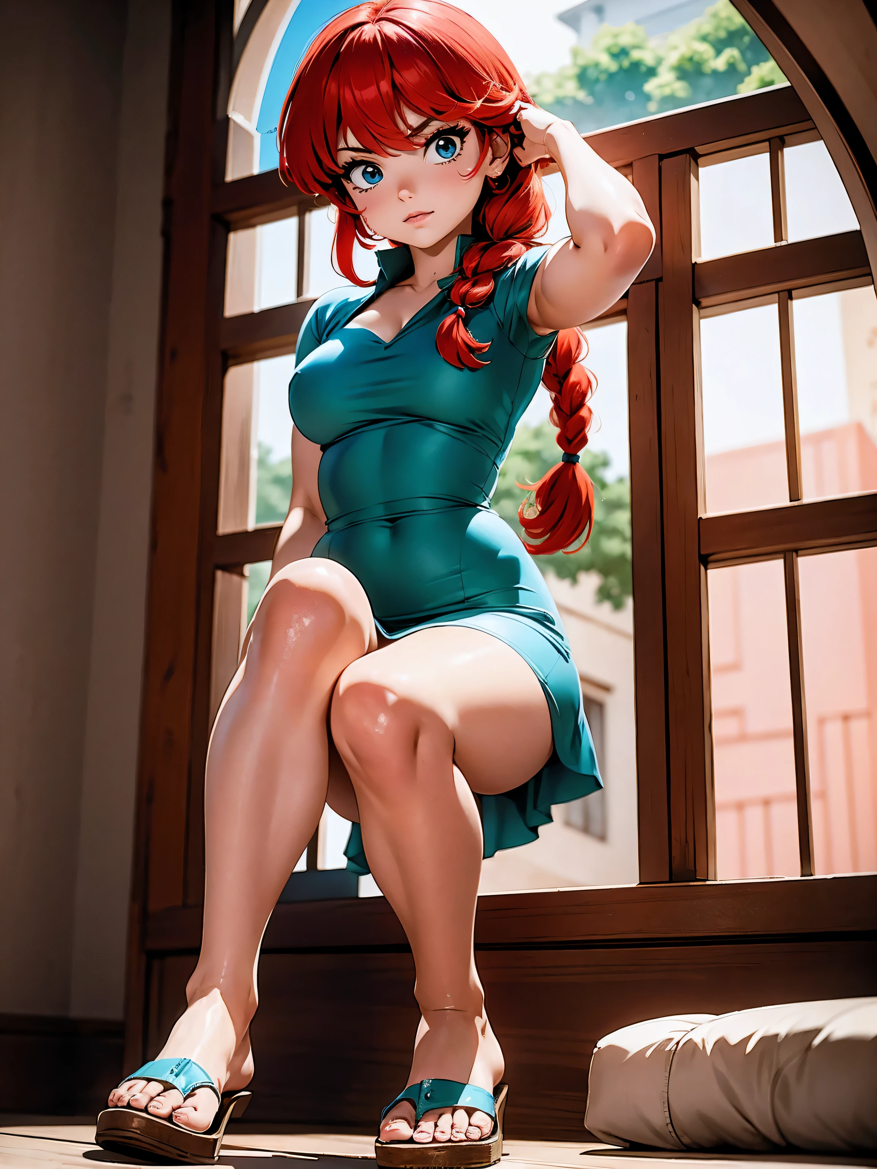 Anime girl rousse en longue robe rose, 16 ANS, beau corps, gros seins, avec les mains derrière la tête, passer tes mains dans tes cheveux, fille sexy, red cheveux avec tresse , bel éclairage, ombres douces, yeux bleus, belles jambes, cheveux avec tresse, style animé, Ranma chan, Autora Rumiko Takahashi, D&#39;après une œuvre de Rumiko Takahashi, Anime Ranma 1/ 2, déco sexy, hanche robuste, tout le corps, tout le corps, gros buste, jeune fille avec un beau et beau corps, des sandales aux pieds, petite jeune fille, porter une longue robe rose, fille animée, style animé, beaux pieds en sandales, Angle de vision de 45°, En plein air