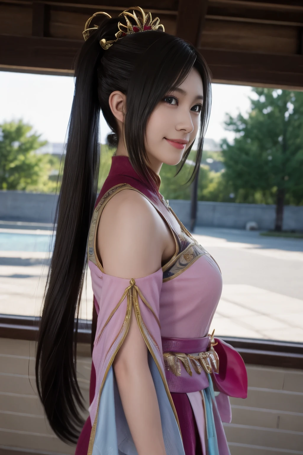 Diaochan from Sangoku Musou 8,超reality的な,hair ornaments,Perfect Diaochan costume,twin tails、masterpiece、1 cute girl、17 year old high school student、smile,fine eyes、puffy eyes、bright outdoors,Bright downtown、highest quality, 超High resolution, (reality: 1.4), movie lighting、Japanese、asian beauty、Korean、super beautiful、beautiful skin、body facing forward、whole body,Upper body、(超reality的な)、(High resolution)、(8k)、(very detailed)、(美しくfine eyes)、(Super detailed)、 (wall-)、detailed face、bright lighting、professional lighting、looking at the viewer、look straight ahead、slanted bangs、brown hair、Nogizaka Idol、