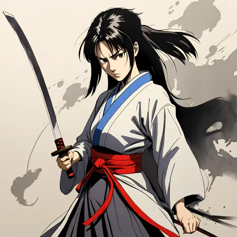 ((Rurouni kenshin anime style:1.3). ((Violent_expression:1.2), ((Female Samurai):1.2), ((Hourglass_figure):1.1). ((fighting stan...