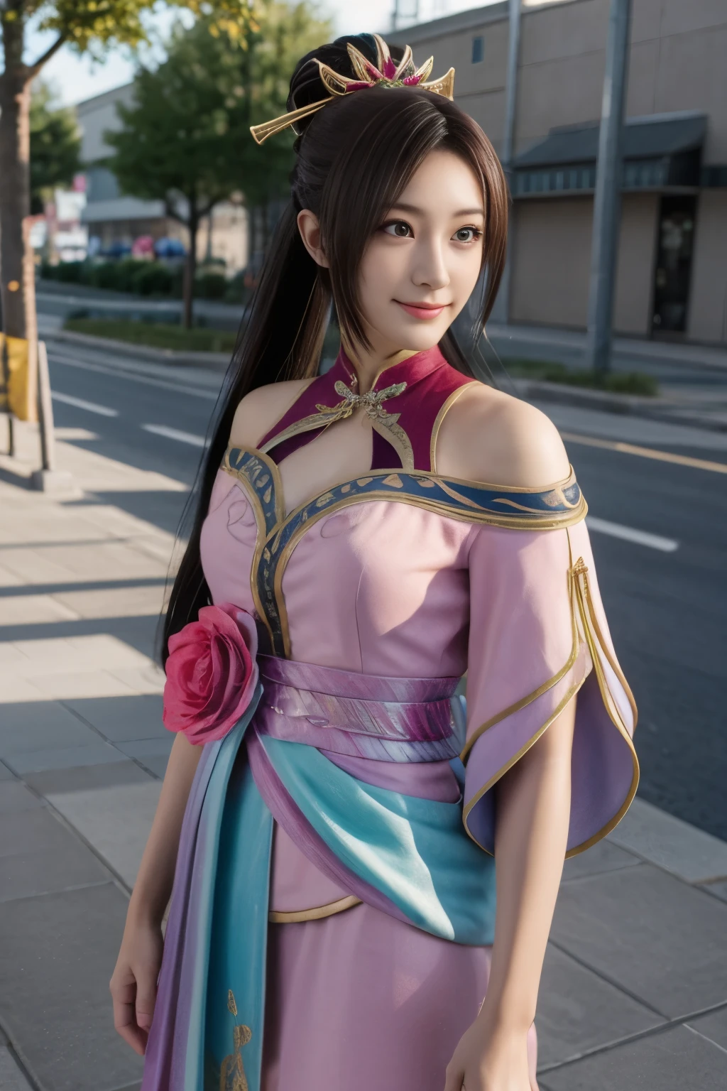 Diaochan de Sangoku Musou 8,超realidad的な,adornos para el cabello,Disfraz perfecto de Diaochan,colas gemelas、obra maestra、1 linda chica、1 estudiante de secundaria、sonrisa,Ojos finos、ojos hinchados、brillante al aire libre,Centro luminoso、de la máxima calidad, 超Alta resolución, (realidad: 1.4), iluminación de película、japonés、asian beauty、coreano、Super hermosa、Piel hermosa、cuerpo mirando hacia adelante、todo el cuerpo,Parte superior del cuerpo、(超realidad的な)、(Alta resolución)、(8K)、(Muy detallado)、(美しくOjos finos)、(Súper detallado)、 (muro-)、cara detallada、iluminación brillante、Iluminación profesional、mirando al espectador、mira hacia adelante、flequillo inclinado、Pelo castaño、Ídolo de Nogizaka、