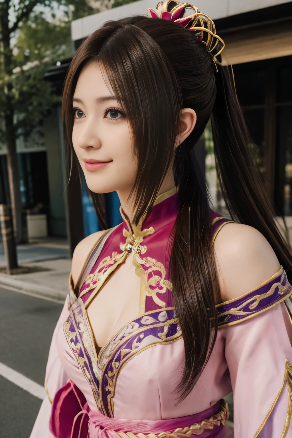 Diaochan from Sangoku Musou 8,超現實的な,髮飾,完美貂蟬古裝,雙馬尾、傑作、1個可愛的女孩、高中生1名、微笑,漂亮的眼睛、眼睛浮腫、戶外明亮,明亮的市中心、最好的品質, 超高解析度, (現實: 1.4), 電影燈光、日本人、亞洲美女、韓國人、超漂亮、美麗的肌膚、身體面向前方、全身,上半身、(超現實的な)、(高解析度)、(8K)、(非常詳細)、(美しく漂亮的眼睛)、(超詳細)、 (牆-)、詳細的臉、明亮的燈光、專業照明、看著觀眾、直視、斜瀏海、棕色的頭髮、乃木坂偶像、