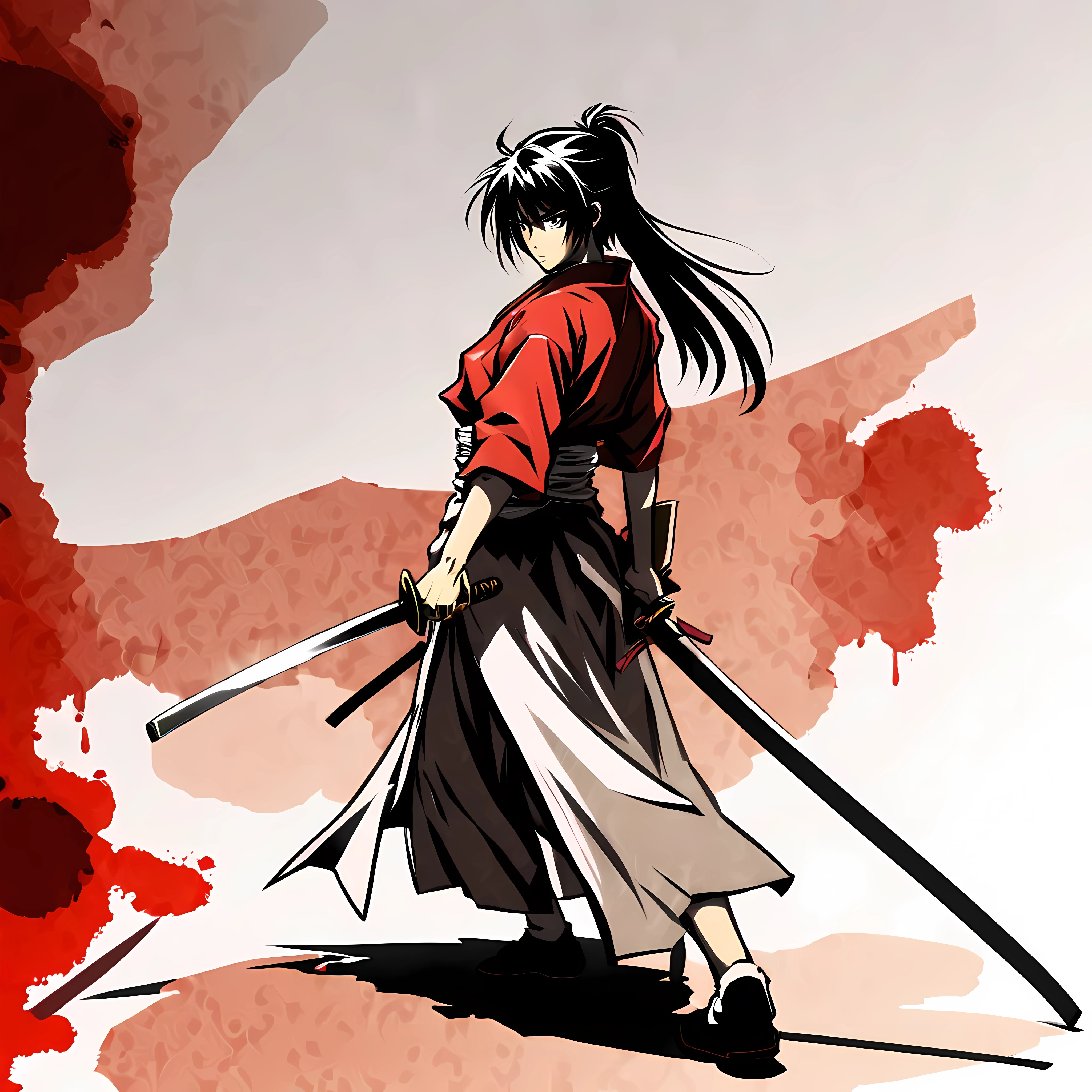 ((estilo anime rurouni kenshin:1.3). ((Violent_expresión:1.2), ((mujer samurái):1.2), ((reloj de arena_cifra):1.1). ((postura de lucha):1.1), | The cifra is depicted with smooth lines, expresar emociones y posturas a través del contraste de la densidad de la tinta. El fondo es minimalista., enfatizando la luz, Sombra, y percepción espacial.