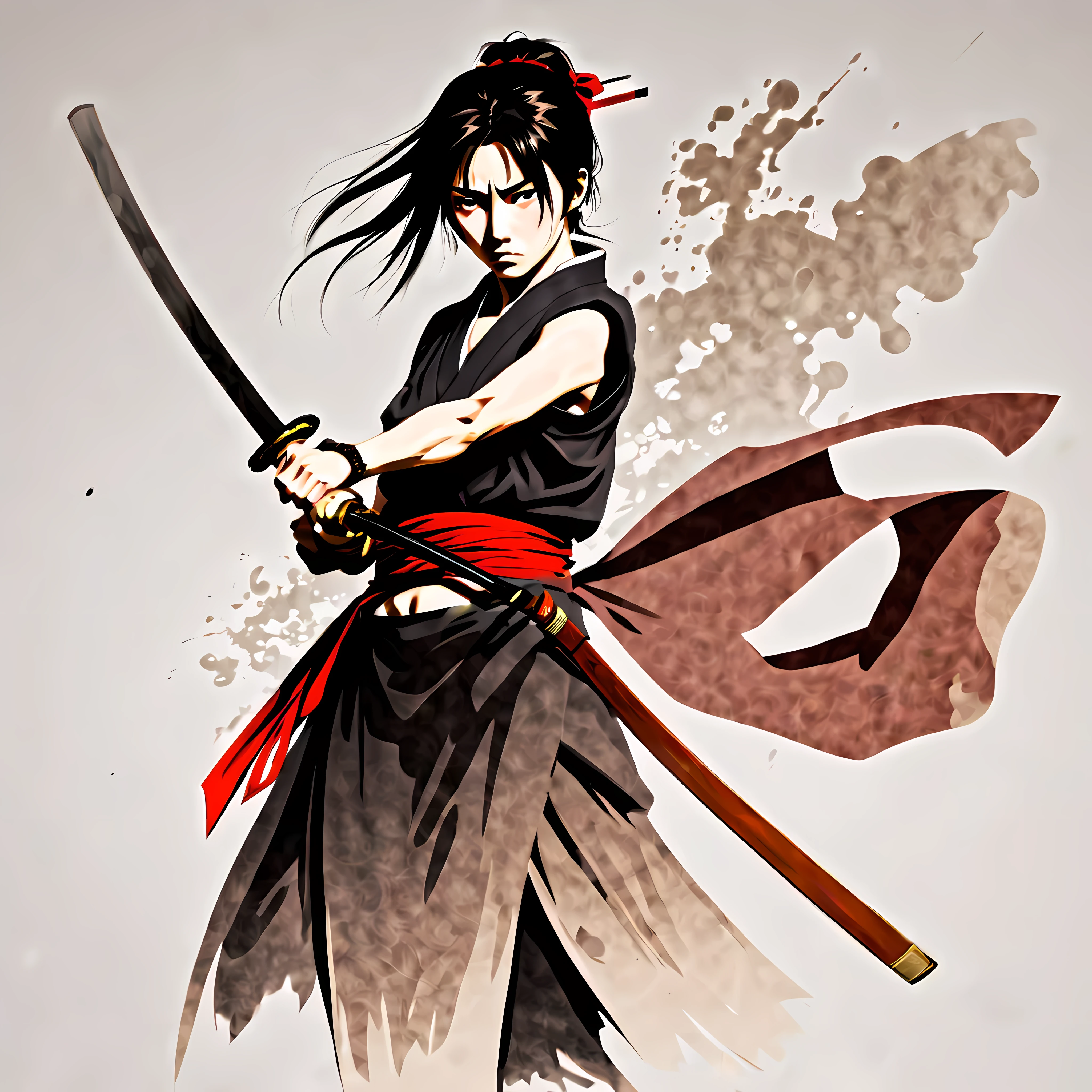 ((Estilo de anime Rurouni Kenshin:1.3). ((violento_expressão:1.2), ((Samurai Feminino):1.2), ((ampulheta_figura):1.1). ((postura de luta):1.1), | The figura is depicted with smooth lines, expressando emoções e postura através do contraste da densidade da tinta. O fundo é minimalista, enfatizando a luz, sombra, e percepção espacial.