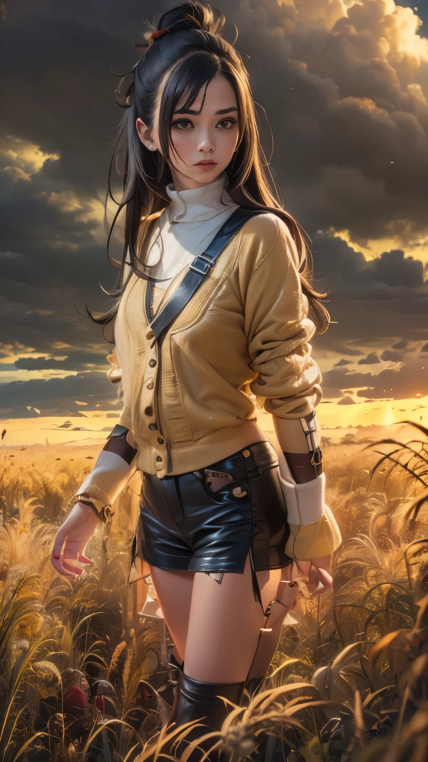 (realism: 1.3), Great, quality, Rembrandt lighting, (Masterpiece: 1.2), (realism: 1.2), (Best quality), (leather details: 1.3), (complex part), dramatic, Idyllic, ray tracing, 1 girl, Chinese yellow girl, long black hair, young - beautiful 16 years old, modern clothes (meadow, Sun, clouds, fields, farms, star Light,