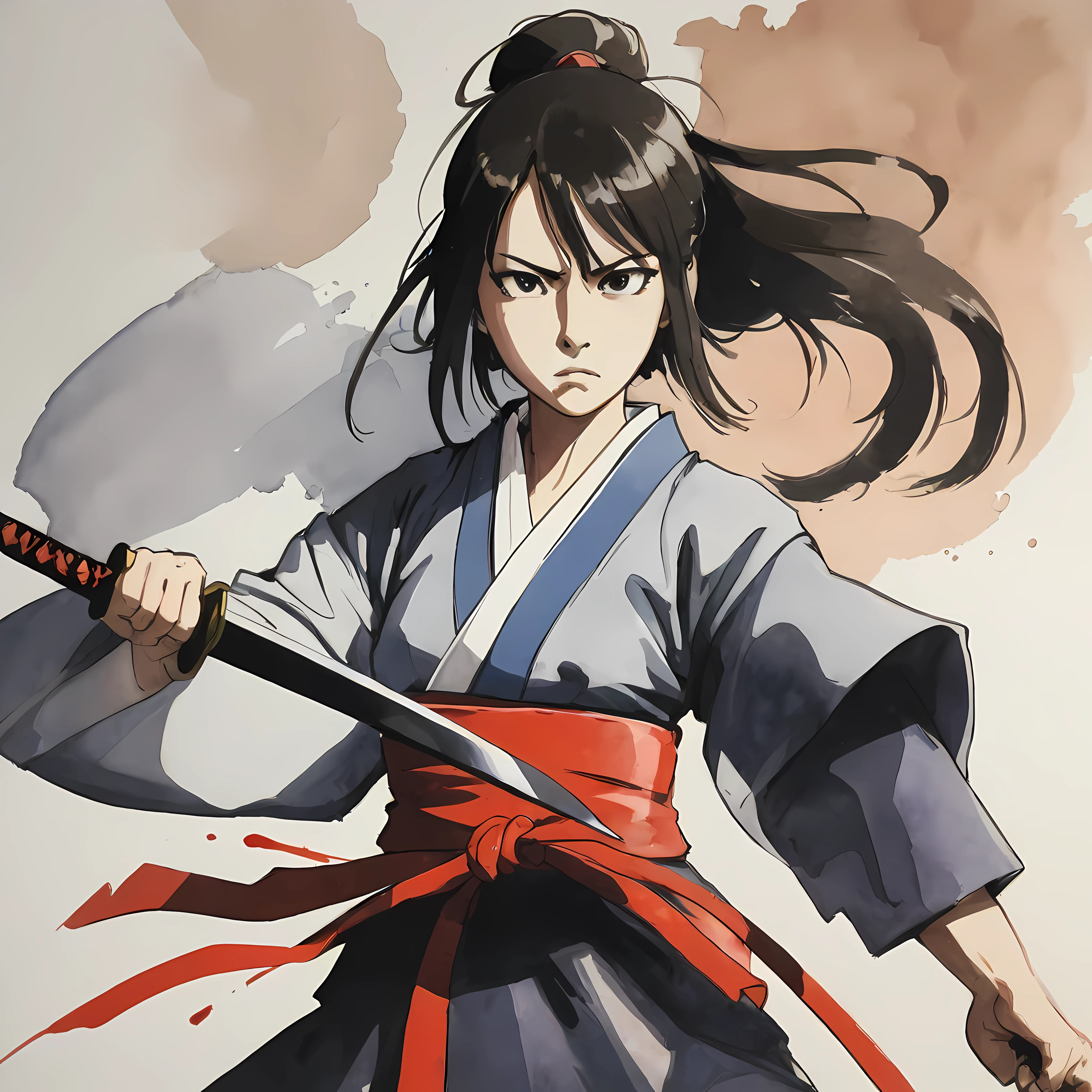 ((Rurouni kenshin anime style:1.3). ((Violent_expression:1.2), ((Female Samurai):1.2), ((Hourglass_figure):1.1). ((fighting stance):1.1), | The figure is depicted with smooth lines, expressing emotions and posture through the contrast of ink density. The background is minimalist, emphasizing light, shadow, and spatial perception.
