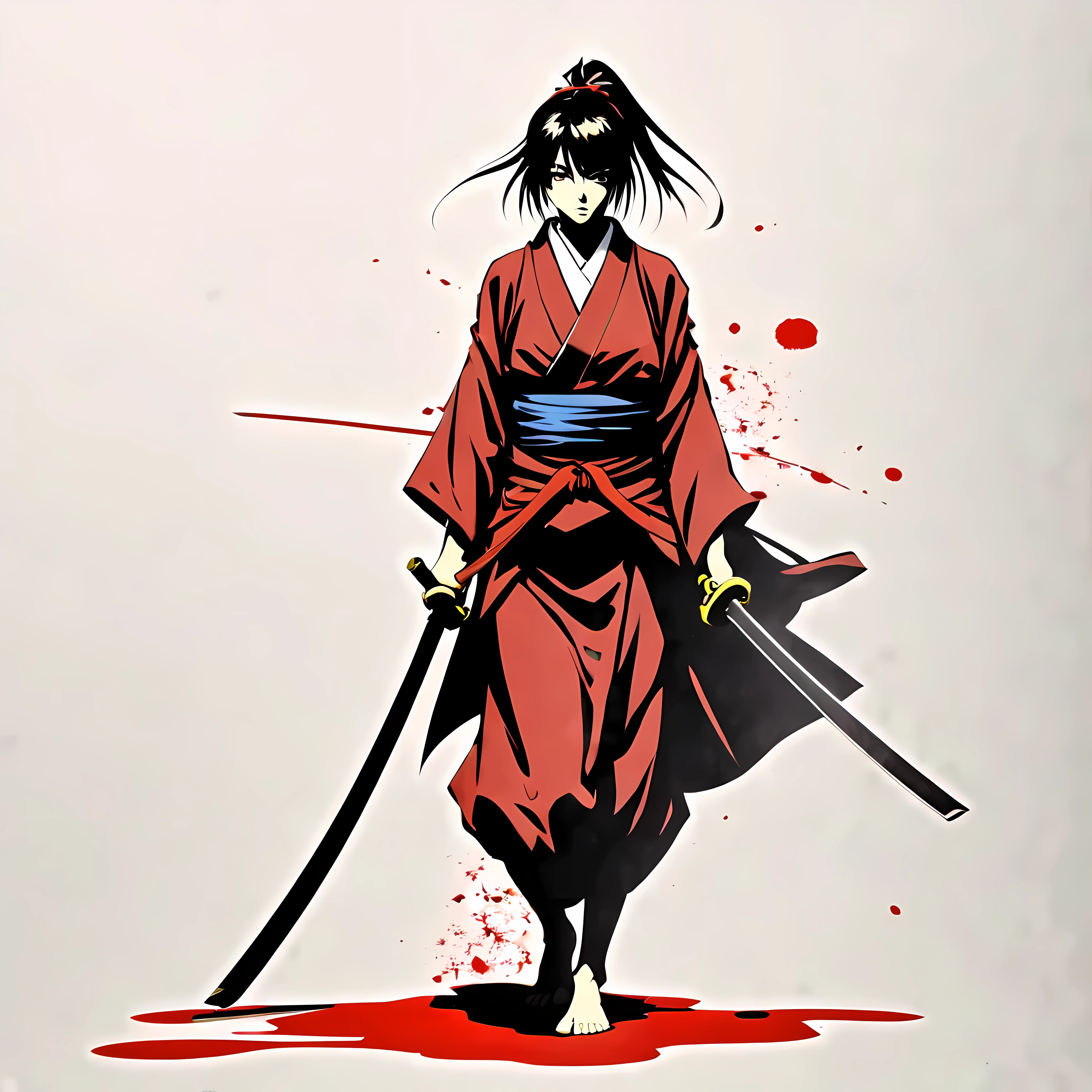 ((Rurouni kenshin anime style:1.3). ((Violent_expression:1.2), ((Female Samurai):1.2), ((Hourglass_figure):1.1). ((fighting stance):1.1), | The figure is depicted with smooth lines, expressing emotions and posture through the contrast of ink density. The background is minimalist, emphasizing light, shadow, and spatial perception.