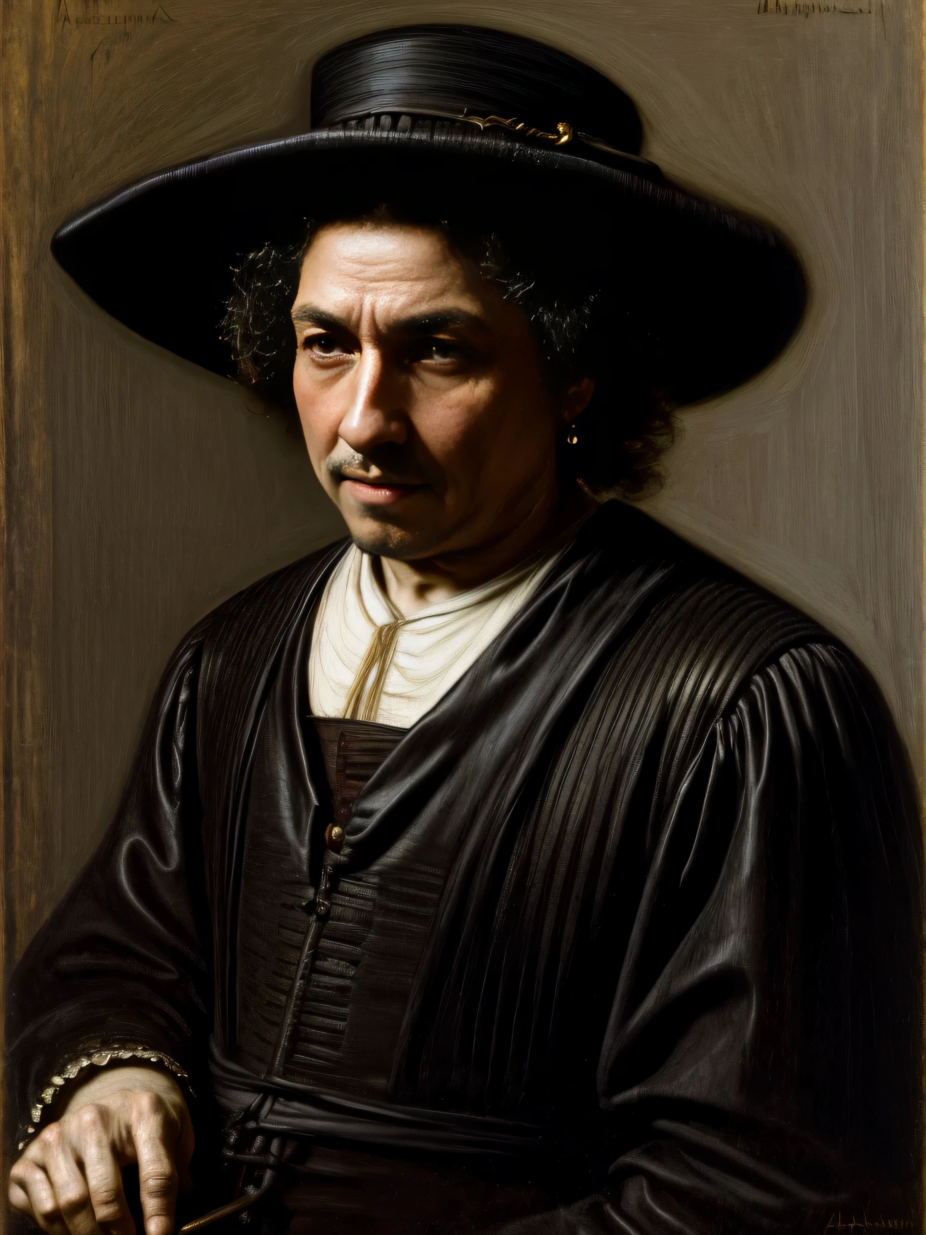 A very old Bob Dylan in a conquistador outfit, Espada y escudo, delgado casi demacrado, con cabello negro hasta los hombros, mirada siniestra en su rostro, sonriente, pelo negro azabache, ojos de color morado, día, estética medieval, enfoque nítido, detalles intrincados, muy detallado, profundidad de campo, enfoque nítido, Alto detalle, ojos hundidos, sin casco ni sombrero, barbilla afilada y rasgos faciales, Piel de oliva, Nariz puntiaguda, Harapiento, ojos enojados, Detailed pintura al óleo, acristalamiento, tenebrismo, escabulléndose, pintura al óleo, estilo barroco, por rembrandt, por Artemisia Gentileschi, Caravaggio