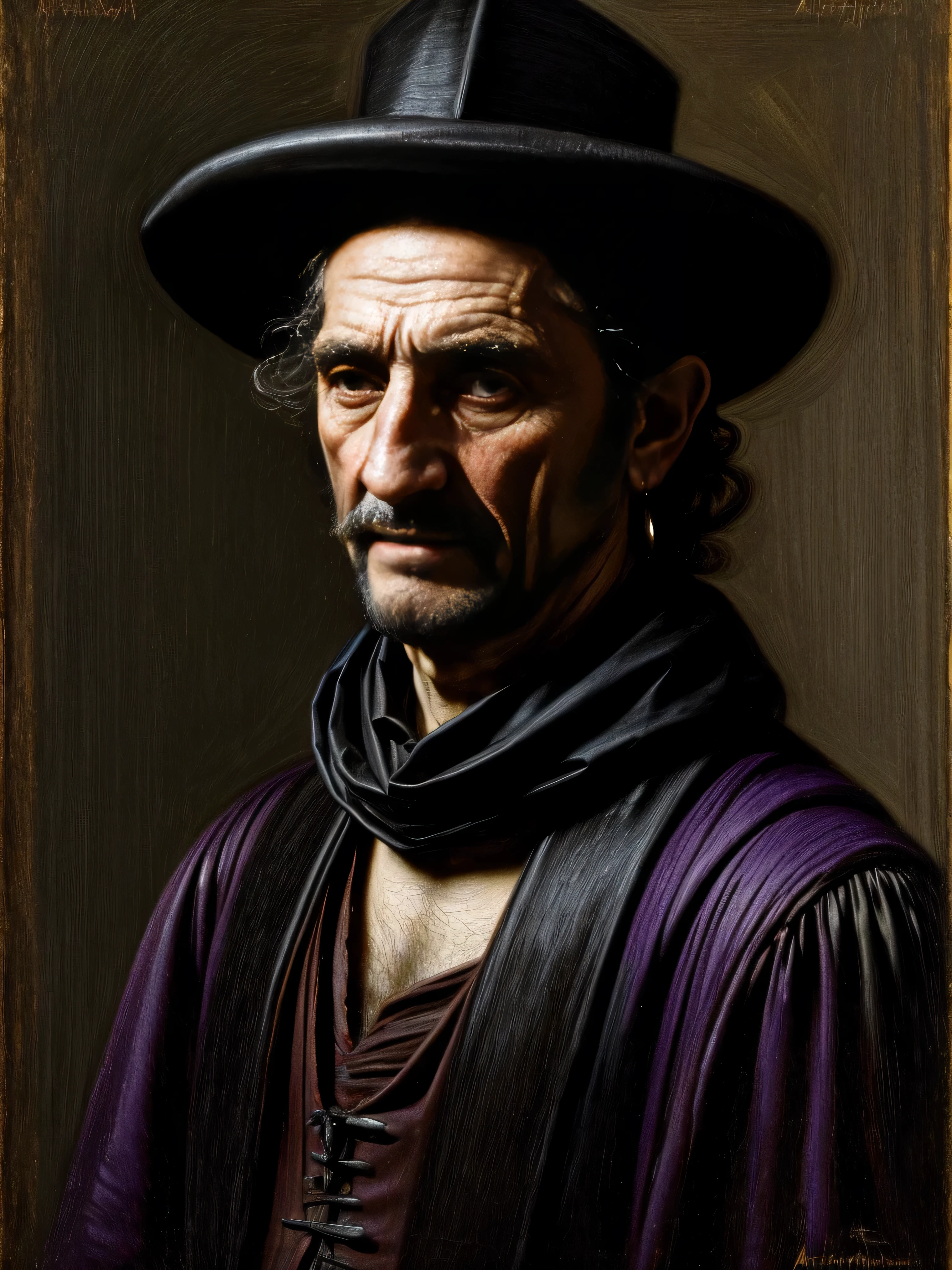 An old Harry Dean Stanton in a conquistador outfit, sword and shield, slender almost gaunt, with shoulder length black hair, sinister look on his face, smiling, jet black hair, purple coloured eyes, day, medieval aesthetics, sharp focus, intricate details, highly detailed, depth of field, sharp focus, high detail, sunken eyes, no helmet or hat, sharp chin and facial features, olive skin, sharp nose, ragged, angry eyes, Detailed oil painting, Glazing, Tenebrism, scumbling, oil painting, baroque style, by Rembrandt, by Artemisia Gentileschi, Caravaggio