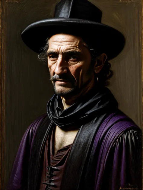 An old Harry Dean Stanton in a conquistador outfit, sword and shield, slender almost gaunt, with shoulder length black hair, sin...